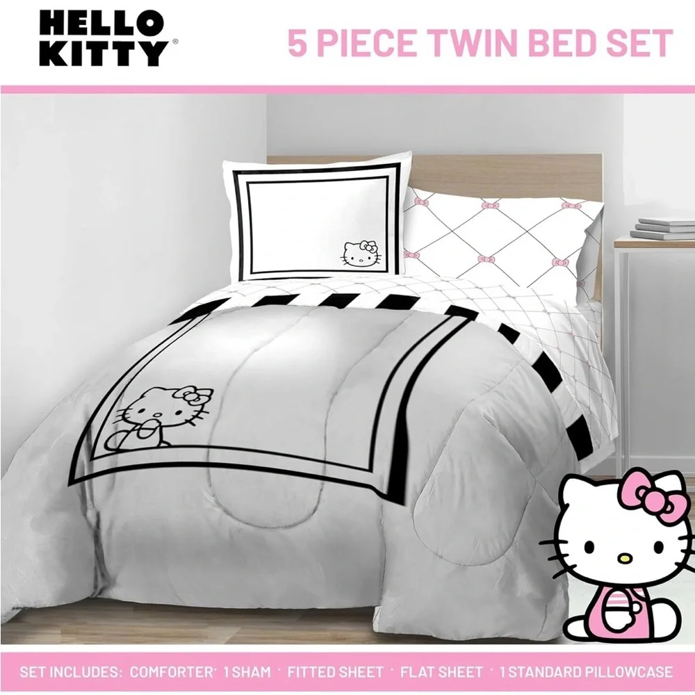 Hello Kitty 5 Piece Twin Comforter Set Includes Sheets & Pillow Cover - White